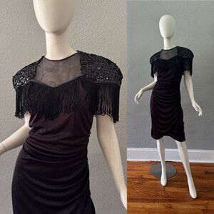 Vintage Abby Kent Black Disco Glam Draped Fringe Party Dress M/L